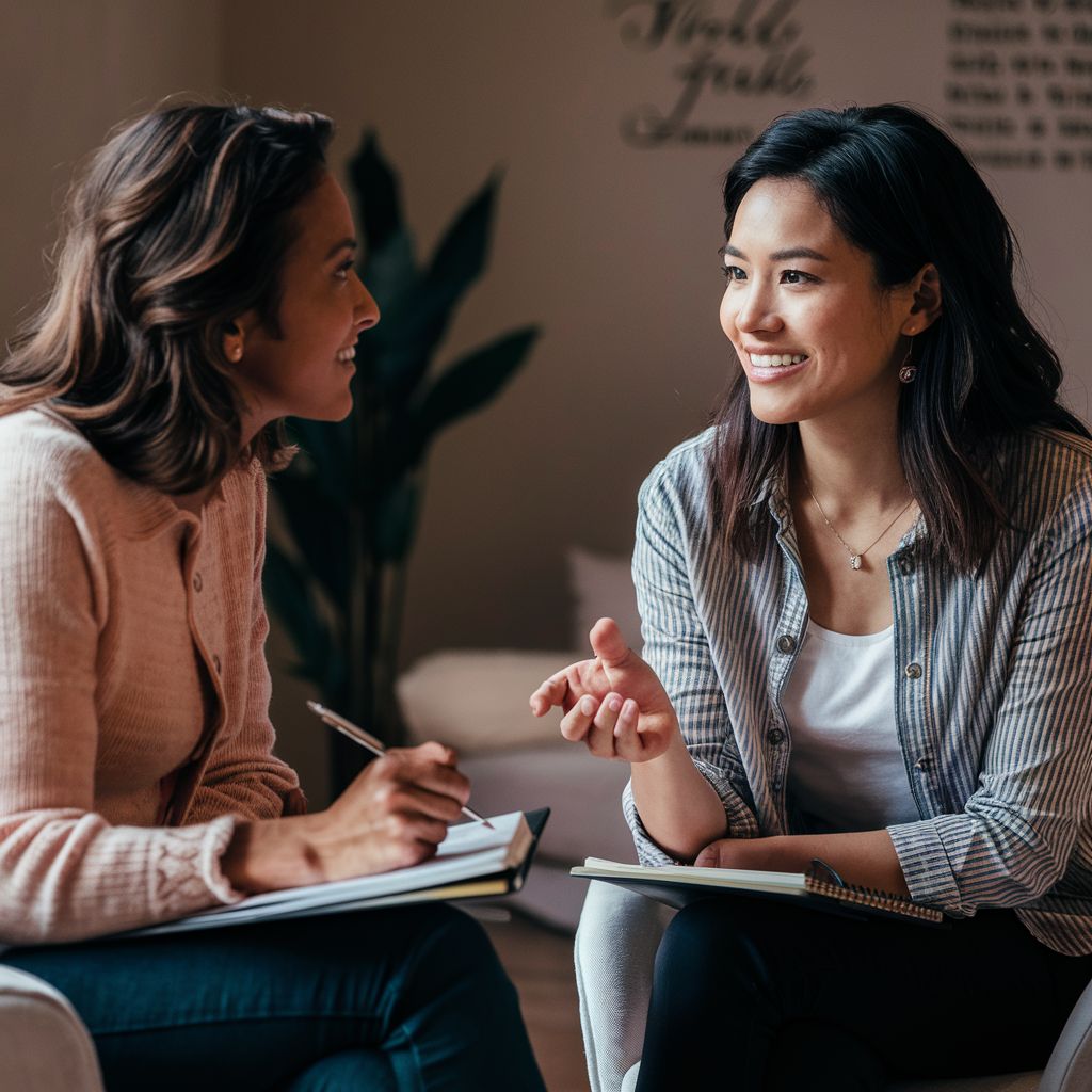 A warm and intimate photo of a female client engaged in conversation with her life coach. The life coach is seated, attentively listening with a smile, holding a notebook and pen ready to take notes. The client is standing, looking confident and comfortable. The background is a cozy, well-lit room with a few inspirational quotes on the wall., photo