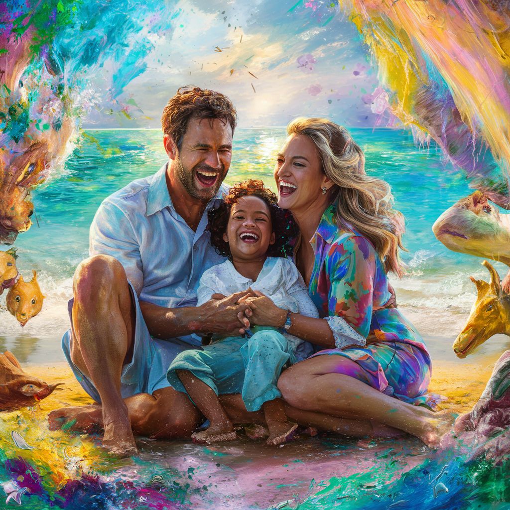 A captivating, vibrant painting of a loving family of three, Dad, Mom, and a young child, all laughing and enjoying a joyful moment together. They are seated on a serene beach, surrounded by the sparkling ocean and diverse wildlife. The sun casts a warm glow on the scene, accentuating the family's happiness. The painting is full of life, with a kaleidoscope of colors and a sense of pure joy.