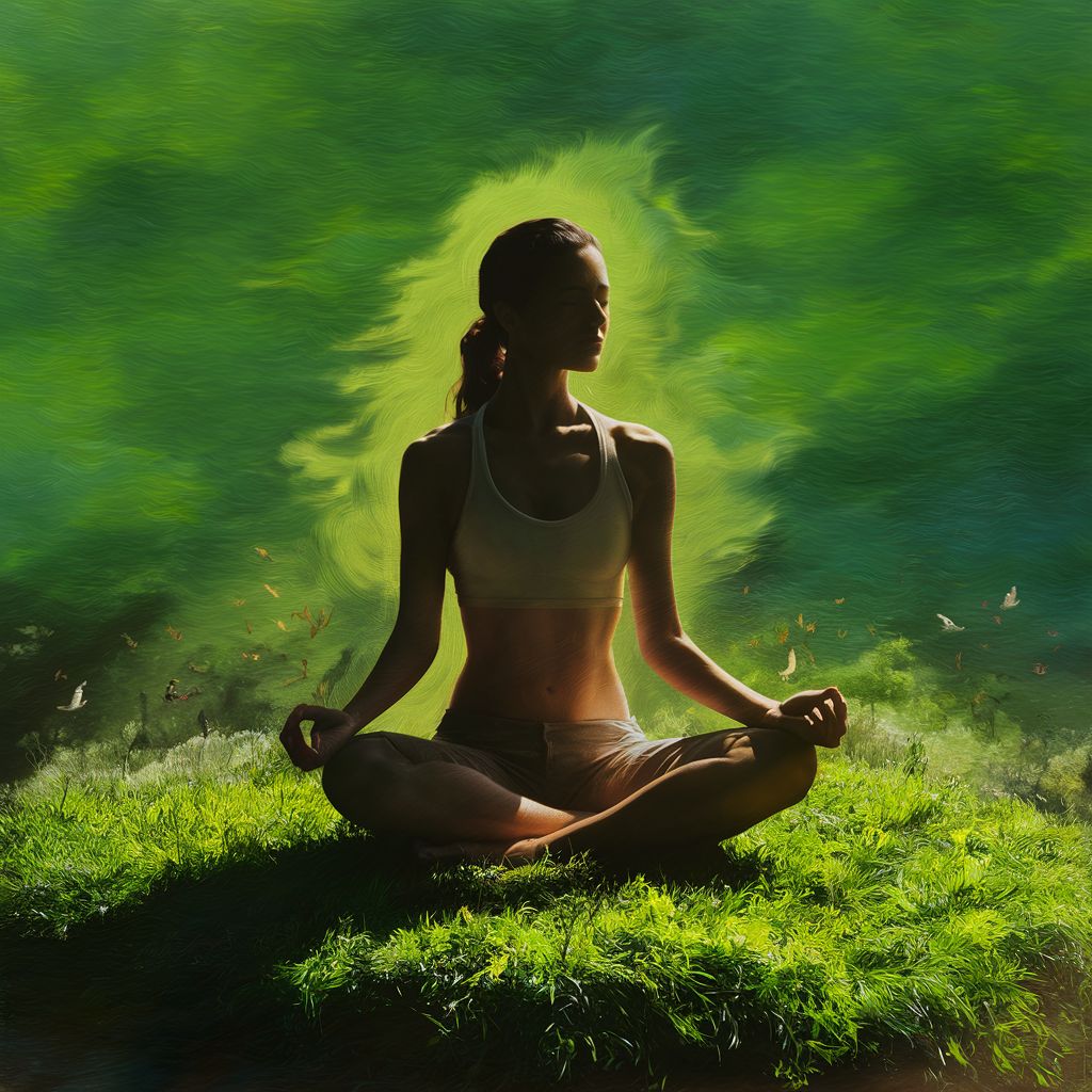 A serene portrait photograph of a woman sitting cross-legged on a lush patch of green grass. The sunlight casts a silhouette of her slender figure, creating a striking contrast against the vibrant green background. Wildlife can be seen in the distance, with birds fluttering around and small creatures peeking out from the grass. The overall atmosphere is one of tranquility and harmony with nature, as the woman meditates in her peaceful surroundings.