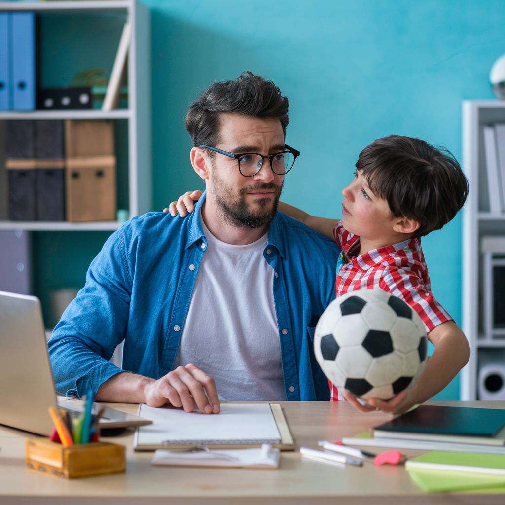 a man with glasses trying to work at his home office while his son is trying to call him to play. Son is holding a soccer ball. Man is confused over what to do